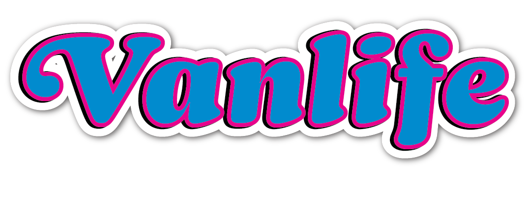 A die-cut sticker featuring the word 'Vanlife' in a bold, stylized blue font with a pink outline and black shadow, set against a white background with a thin black border.
