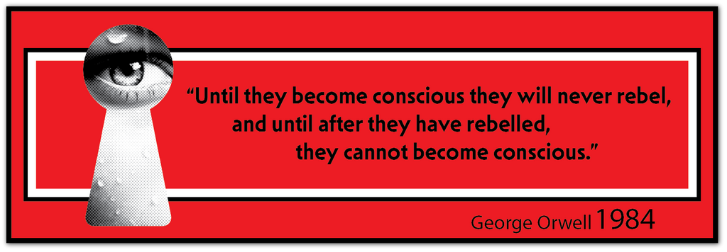 A red graphic print featuring a black and white eye keyhole illustration on the left and a quote from George Orwell, 1984, in black text on a bright red background with white and black borders.