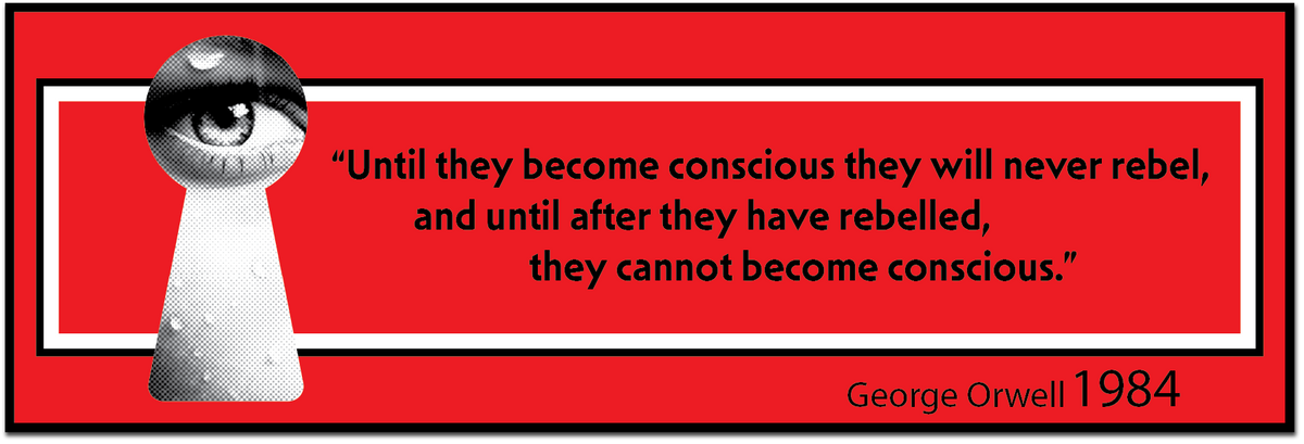 A graphic print featuring a bold red background with a black and white eye keyhole illustration on the left and a quote from George Orwell 1984 in black text on the right.