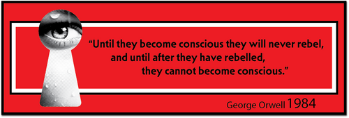 A graphic print featuring a bold red background with a black and white eye keyhole illustration on the left and a quote from George Orwell 1984 in black text on the right.