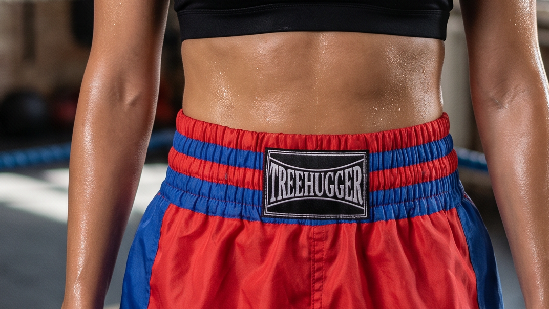 A boxer’s shorts featuring the Treehugger sticker as a front patch.