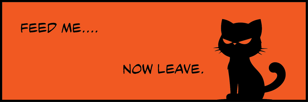 A square graphic with a bright orange background, black border, black cat silhouette on the right, and black text reading 'FEED ME.