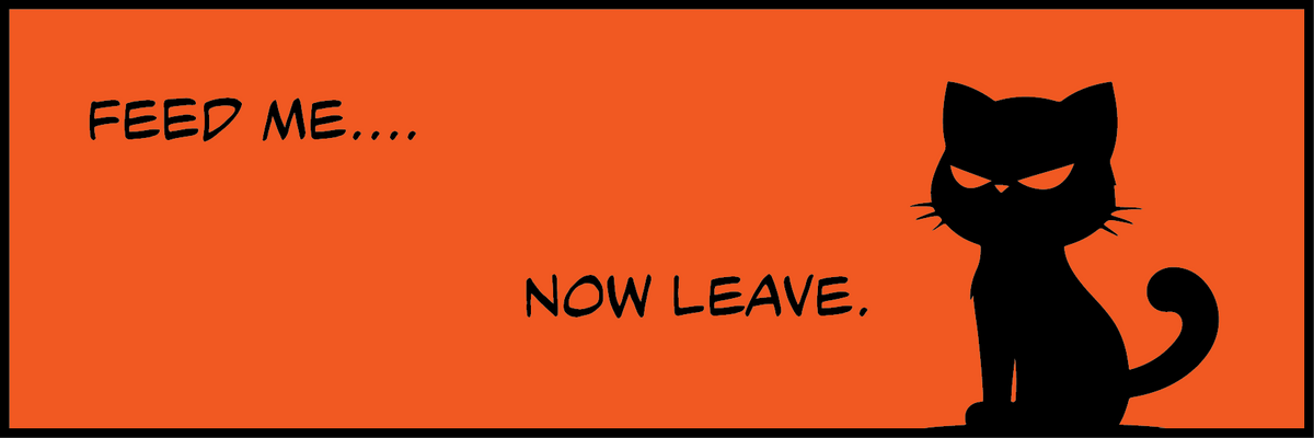 A square graphic with a bright orange background, black border, black cat silhouette on the right, and black text reading 'FEED ME.