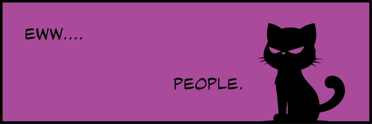 Magenta-purple Black Kat sticker with black text reading “EWW. People”