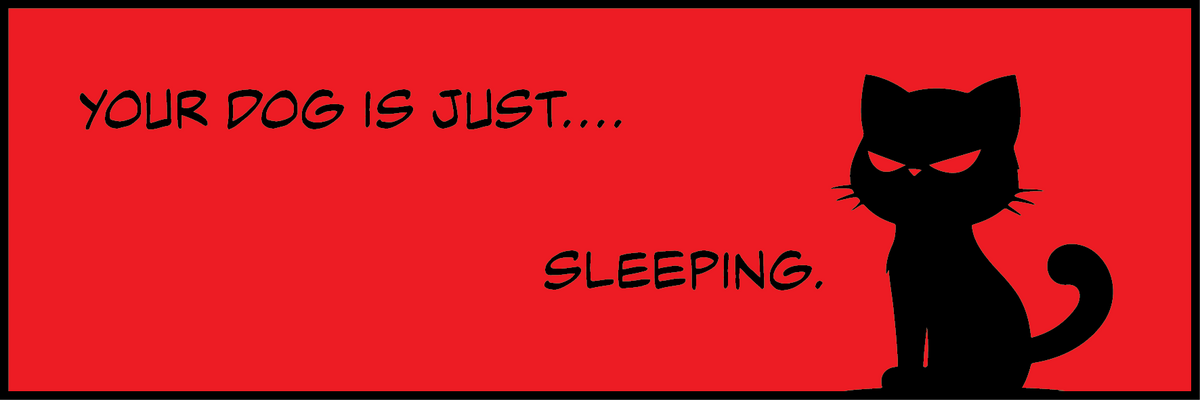 Bright red Black Kat sticker with a black border and the words “Your dog is just…sleeping”