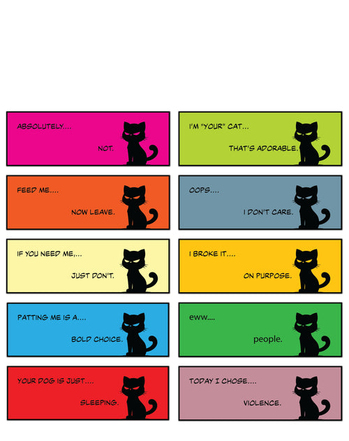Square cover image showing ten colourful Black Kat stickers in two columns, each with a black cat silhouette and a different humorous phrase