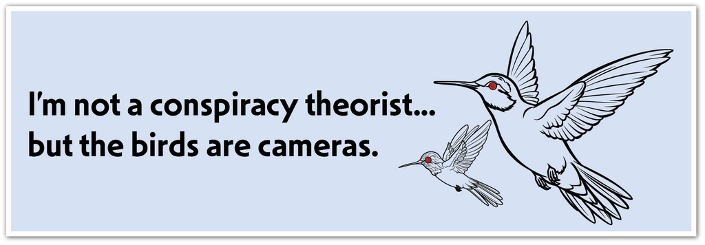 A square graphic with a light blue background and a white border. The text reads, 'I'm not a conspiracy theorist... but the birds are cameras."