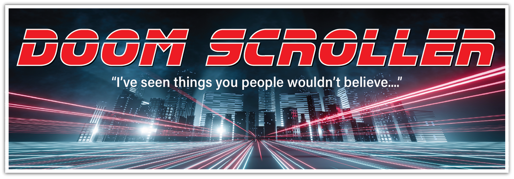 A retro-style video game cover for 'Doom Scroller' featuring bold red title text over a dark futuristic city scene with long-exposure light trails in red, white, and blue.