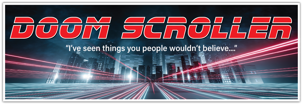 A retro-style video game cover for 'Doom Scroller' featuring bold red title text over a dark futuristic city scene with long-exposure light trails in red, white, and blue.