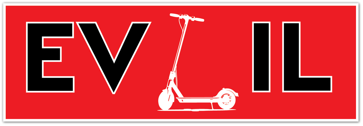 A red square graphic with a white border, featuring the letters E, V, and L in large black outlined font, with a white electric scooter illustration centered between the letters.