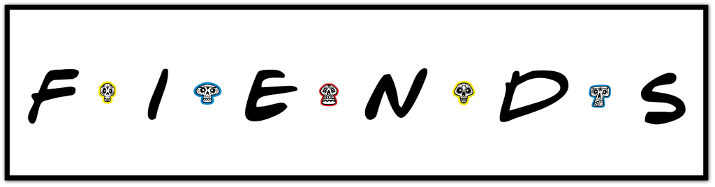 A novelty sign spelling out 'FRIENDS' using the letters from the TV show Friends, where each letter is replaced by a small cartoon character icon (such as a blue mugshot, red skull, yellow mustache, etc.) on a white background with a black border.