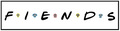 A novelty sign spelling out 'FRIENDS' using the letters from the TV show Friends, where each letter is replaced by a small cartoon character icon (such as a blue mugshot, red skull, yellow mustache, etc.) on a white background with a black border.