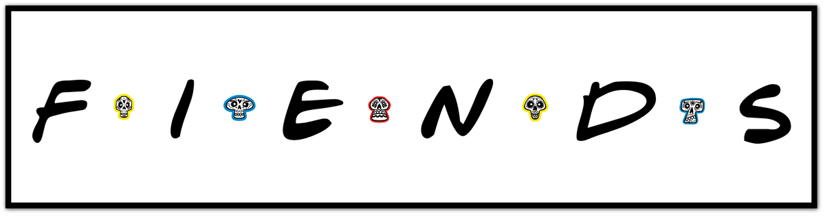 A novelty sign spelling out 'FRIENDS' using the letters from the TV show Friends, where each letter is replaced by a small cartoon character icon (such as a blue mugshot, red skull, yellow mustache, etc.) on a white background with a black border.