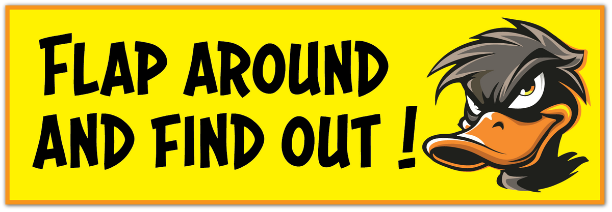 A bright yellow rectangular sign or sticker with black text reading 'FLAP AROUND AND FIND OUT!' and a cartoon duck character on the right, shown on a white background.