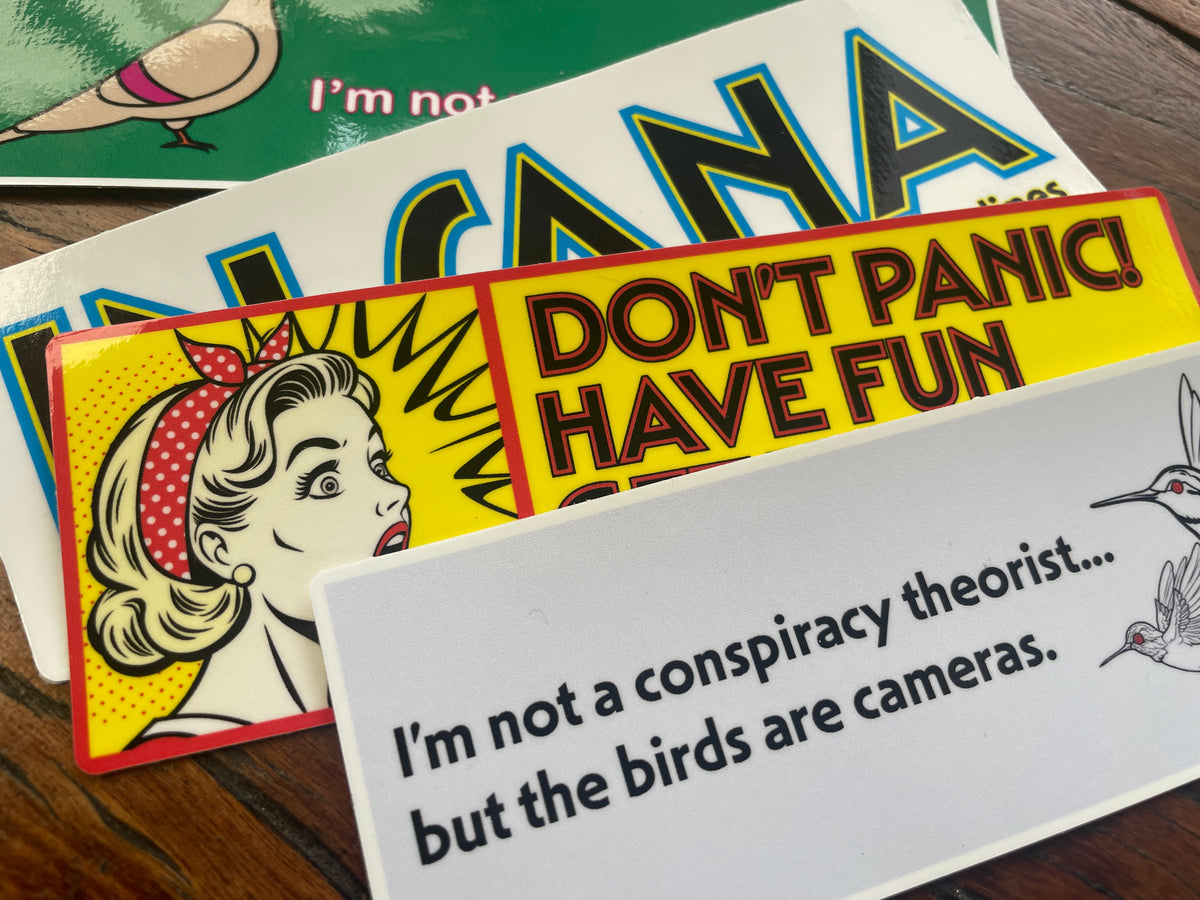 Close-up of assorted INSANA stickers scattered across a table, filling the frame.