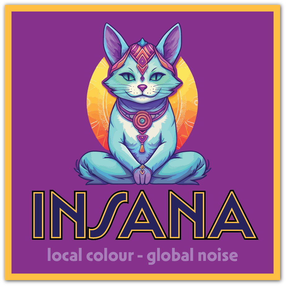 A square graphic with a purple background and a stylized meditating cat illustration in light blue, pink, and orange. Large text at the bottom reads “INSANA” with smaller text “local colour - global noise” underneath.