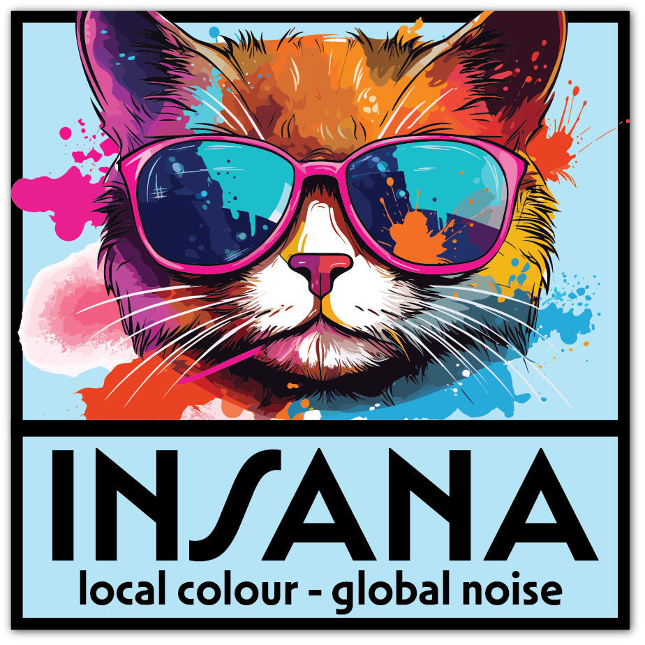 A square graphic design featuring a colorful illustrated cat wearing pink sunglasses, with paint splatters in orange, blue, pink, and white. Below the cat is a light blue panel with the text 'INSANA' in large black letters and 'local colour - global noise' underneath.