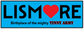 A square graphic with a bright blue background and a black border. Large black text reads 'LISMORE' across the center, with a red heart replacing the O 
