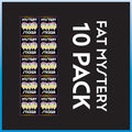 A promotional graphic for a 10-pack of mystery fat stickers. The left side shows nine small rectangular sticker packs arranged in a grid, each containing five colorful cartoon-style belly stickers with the words 'MYSTERY STICKER' underneath.