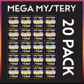 A promotional graphic for a 'MEGA MYSTERY 20 PACK' showing 20 individual sticker packs arranged in a grid on a dark background. Each sticker pack has a colorful rainbow-striped border and a central graphic of cartoon characters with the text 'MYSTERY STICKER'.