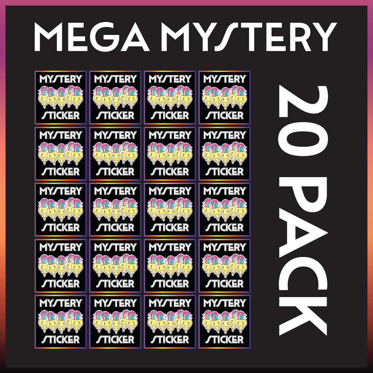 A promotional graphic for a 'MEGA MYSTERY 20 PACK' showing 20 individual sticker packs arranged in a grid on a dark background. Each sticker pack has a colorful rainbow-striped border and a central graphic of cartoon characters with the text 'MYSTERY STICKER'.