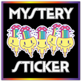 A square graphic with the words 'MYSTERY STICKER' in large white outlined letters on a black background, featuring five melting yellow smiley-face stickers wearing colorful rainbow party hats. The image has a purple-to-yellow border.