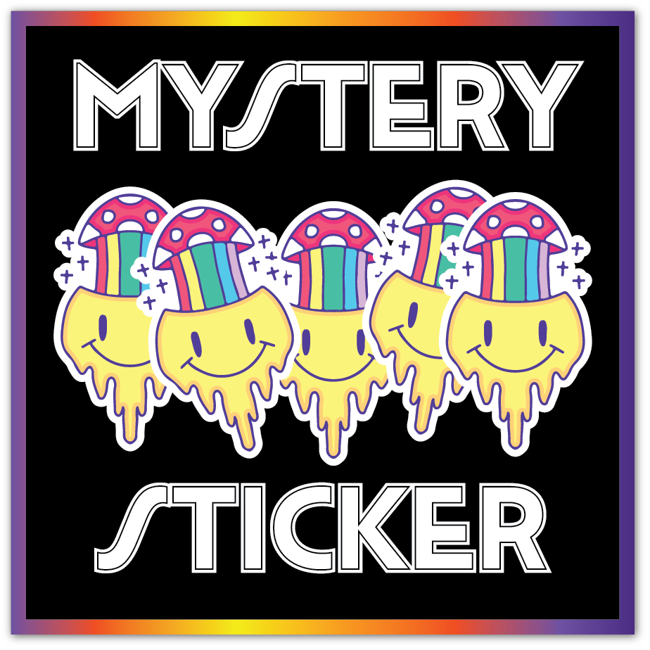 A square graphic with the words 'MYSTERY STICKER' in large white outlined letters on a black background, featuring five melting yellow smiley-face stickers wearing colorful rainbow party hats. The image has a purple-to-yellow border.