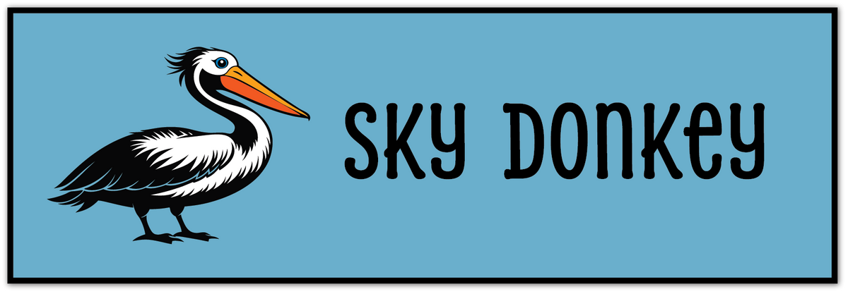 A rectangular graphic with a light blue background, featuring a stylized black-and-white pelican with a bright orange beak on the left and the words 'SKY DONKEY' in large black lettering on the right.