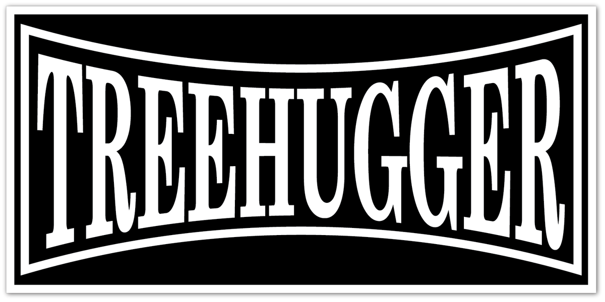 A black rectangular sticker or sign with a white border and the word 'TREEHUGGER' in large white stylized letters across the center.