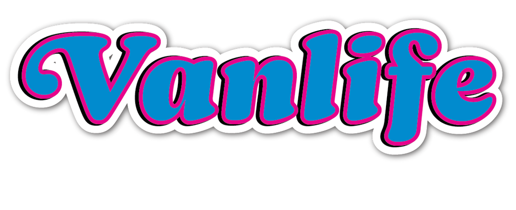 A die-cut sticker featuring the word 'Vanlife' in a bold, stylized blue font with a pink outline and black shadow, set against a white background with a thin black border.