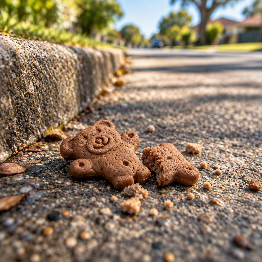 Broken bear biscuit close-up on a sunny suburban street