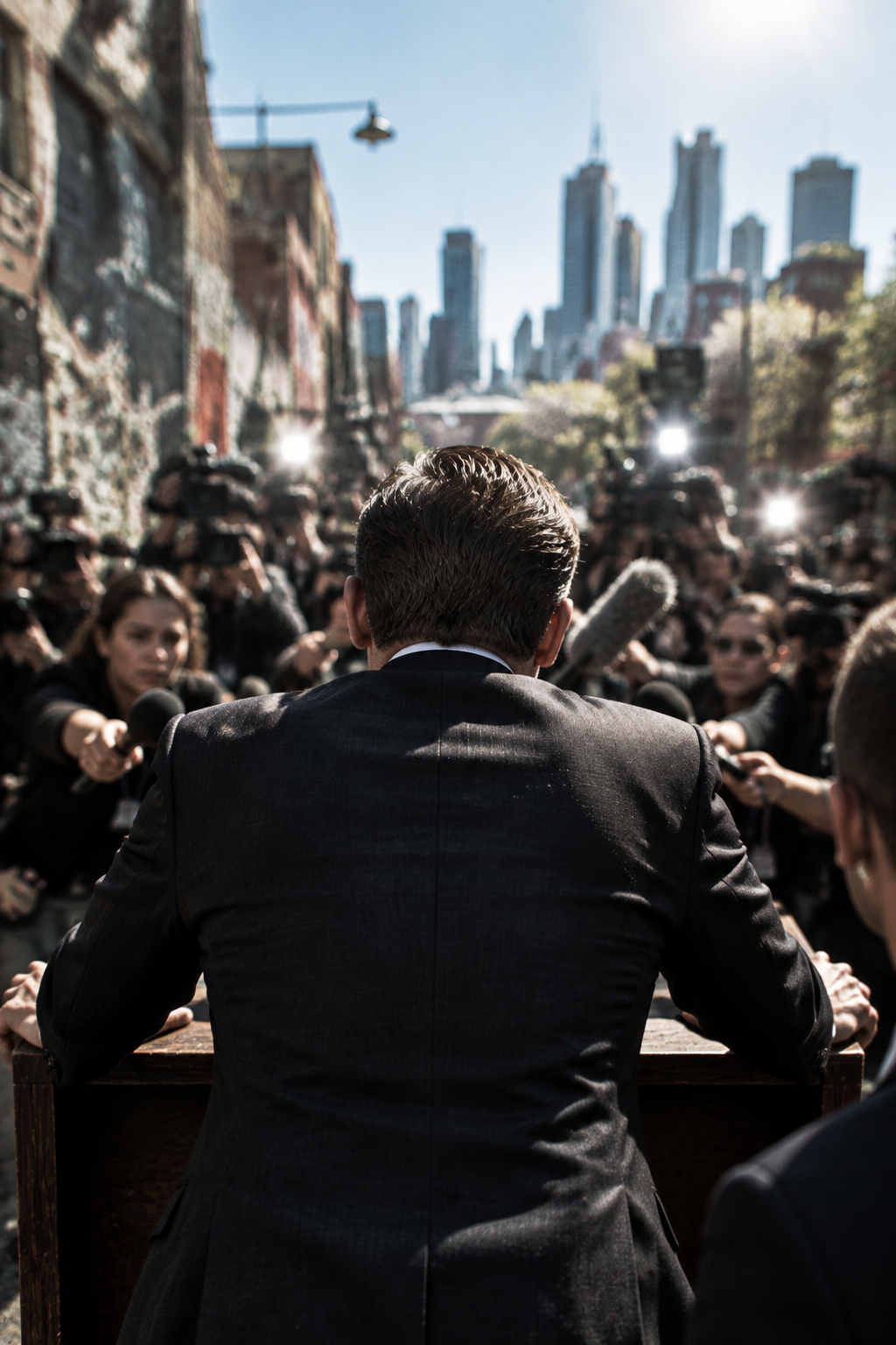 Photorealistic fictional Australian politician facing a blurred press pack in sunny gritty Melbourne