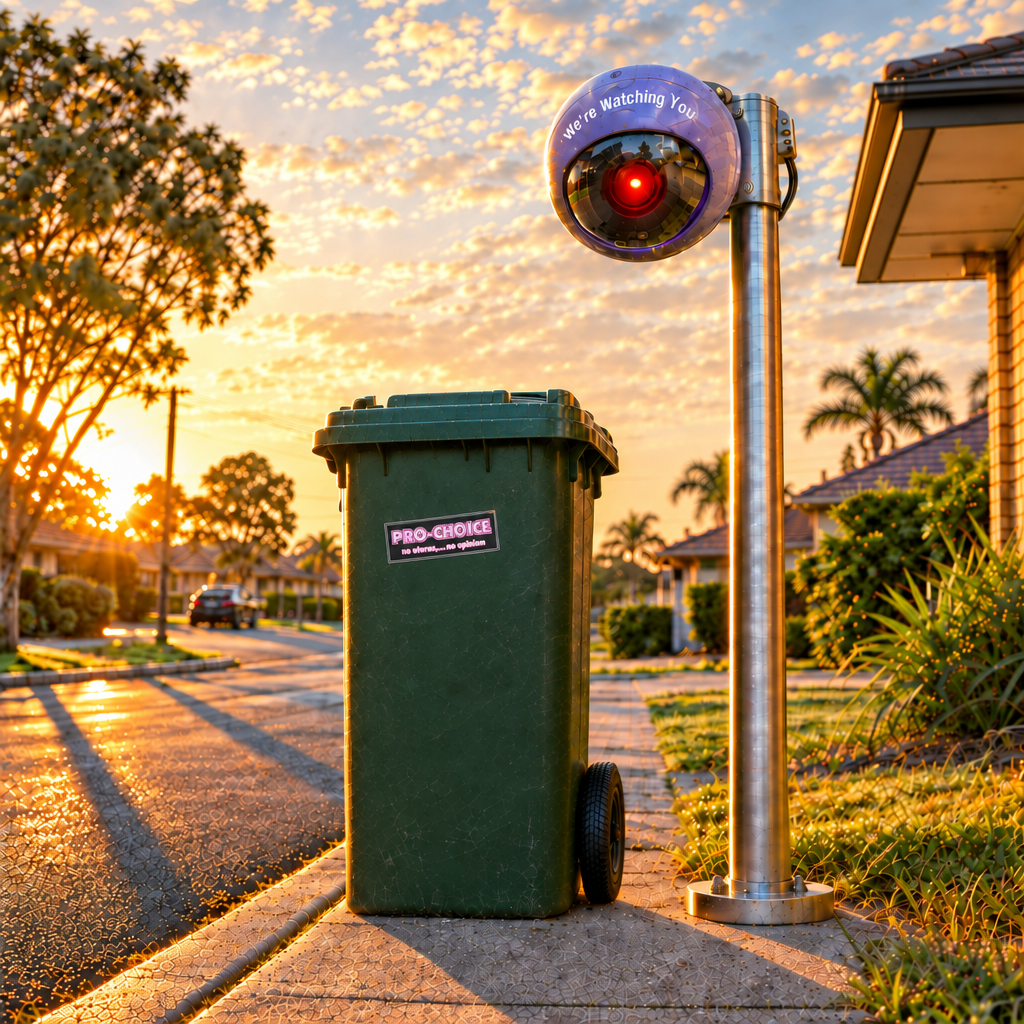 Refined Pro-Choice sticker on a suburban wheelie bin under surveillance